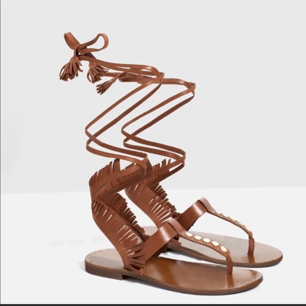 NWT ZARA BROWN LEATHER WRAPAROUND SANDALS SHOES